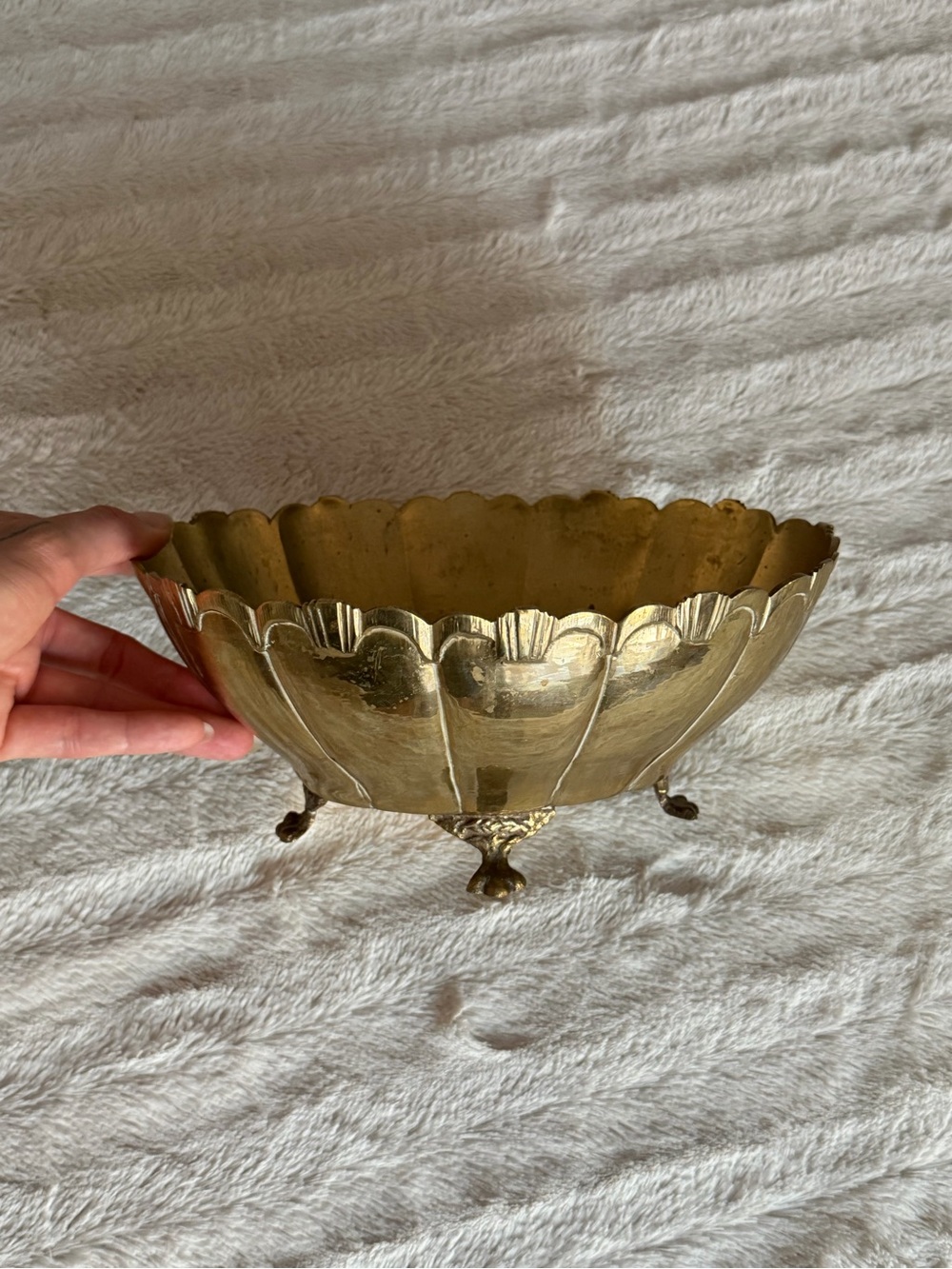 Vintage Brass Scalloped Decorative Bowl - Footed Centerpiece